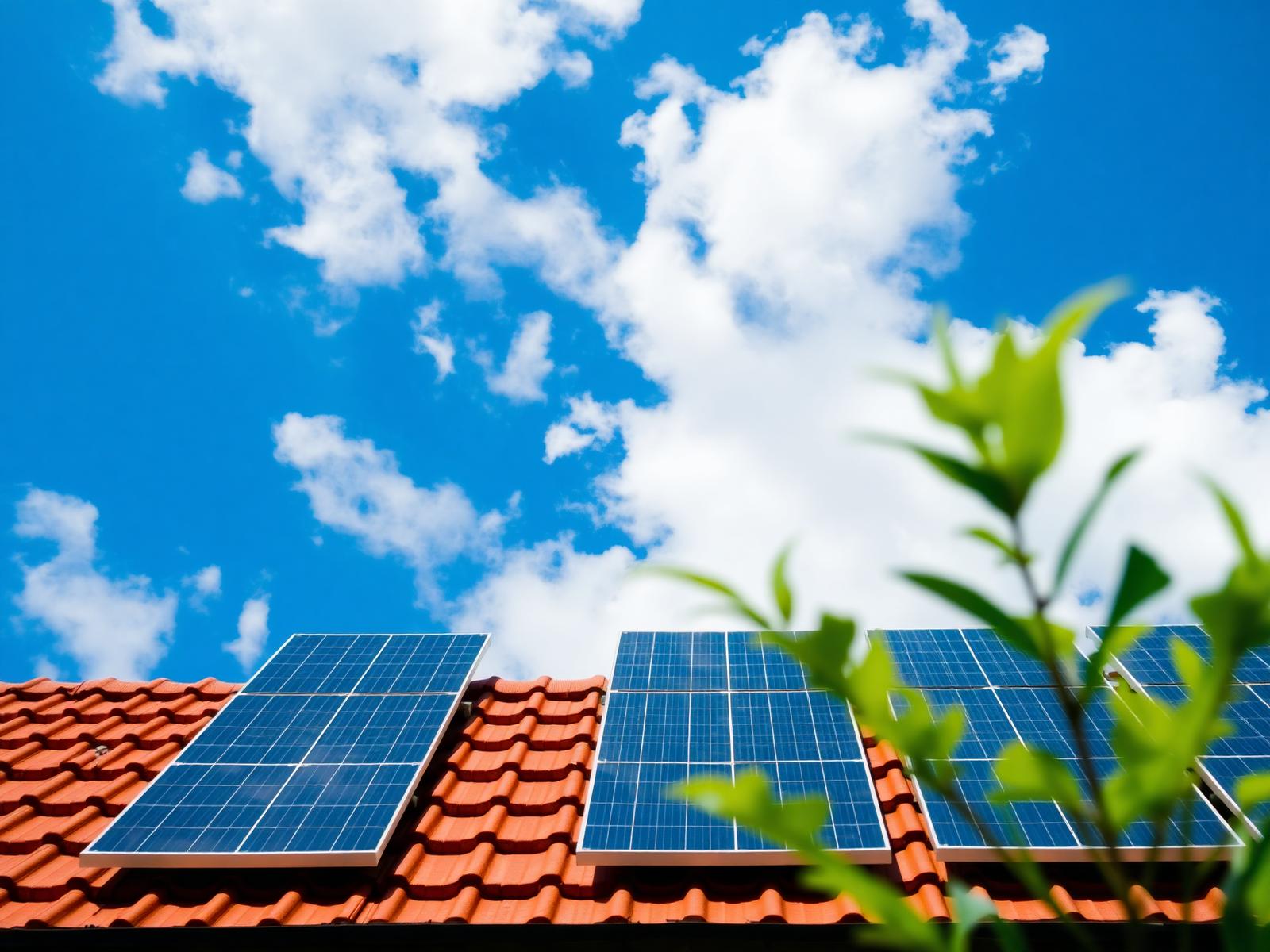Solarmodule auf einem roten Ziegeldach vor einem tiefblauen Himmel mit Wolken